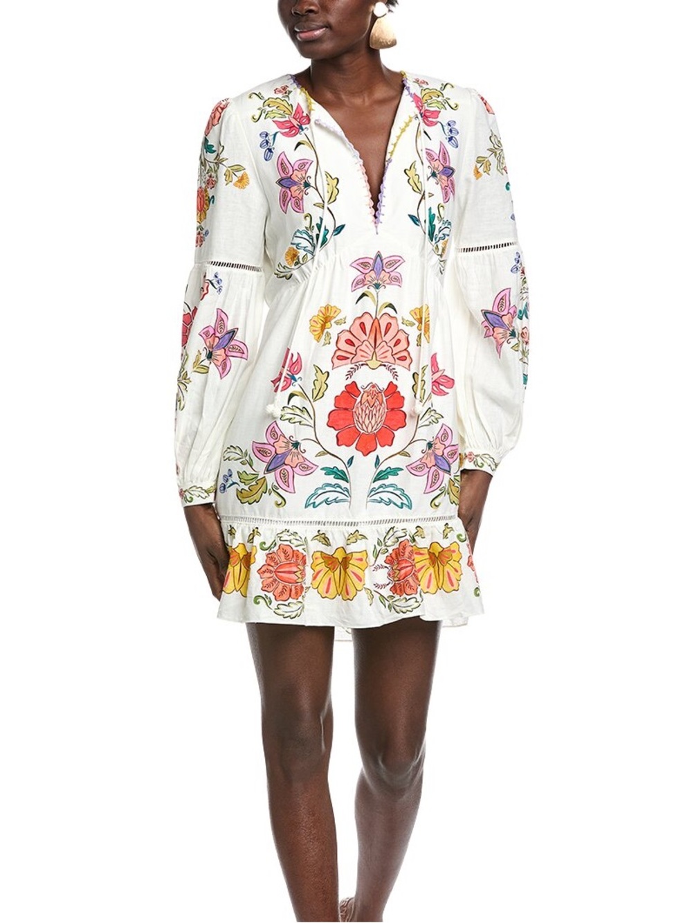 Farm Rio White Floral Embroidered V-Neck Mini Dress
